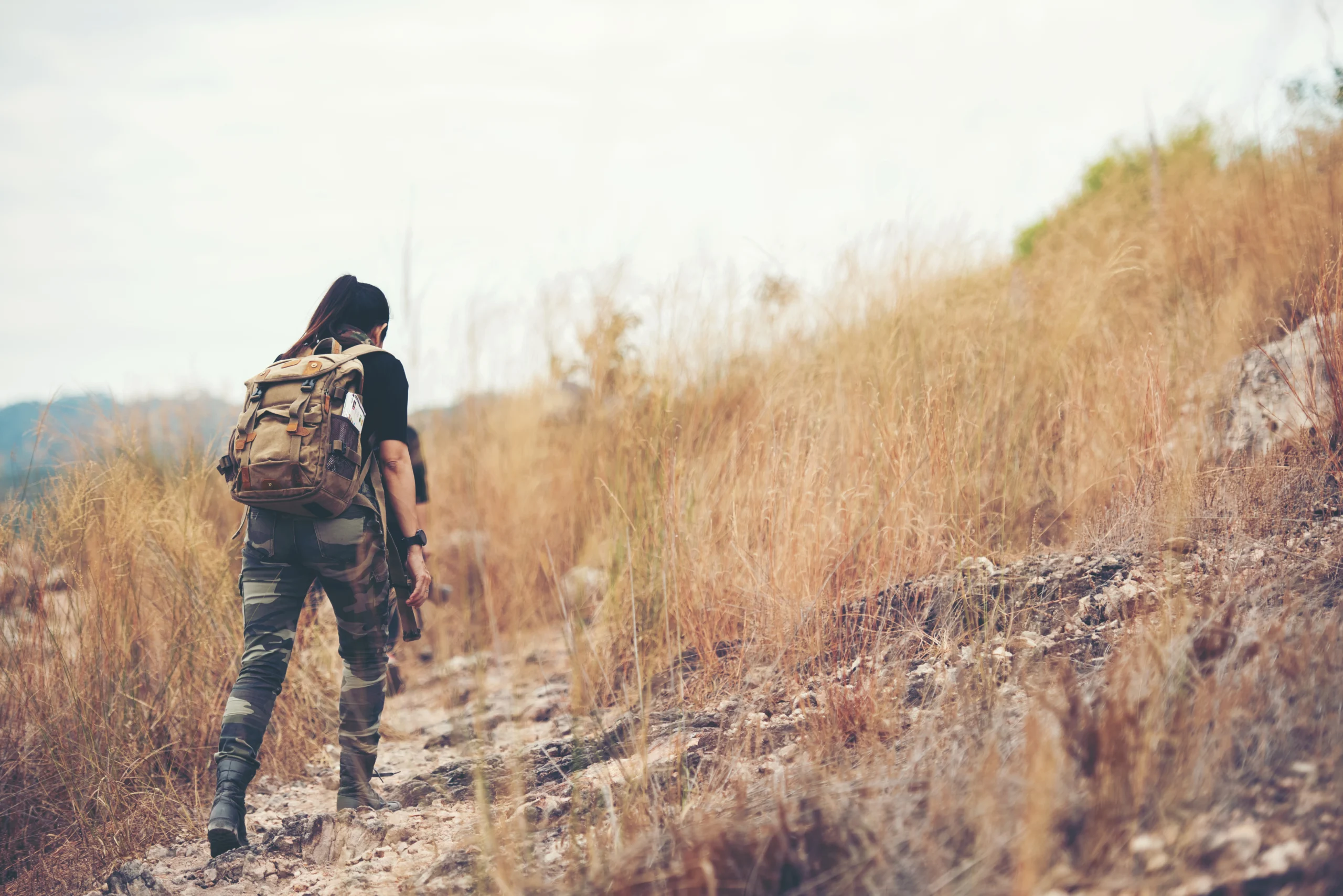 Woman travel  hiker adventure on mountain nature landscape.  Asia people lifestyle tourist girl backpack walking find directions explore and camping outdoors for relax summer time.  Travel Concept